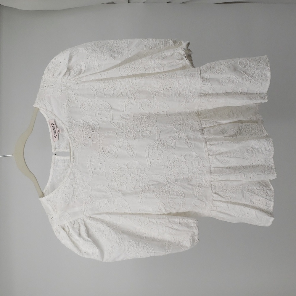 Nanette Lepore Eyelet Peplum Short Puff Sleeve White Keyhole Blouse Size XL - Picture 3 of 12